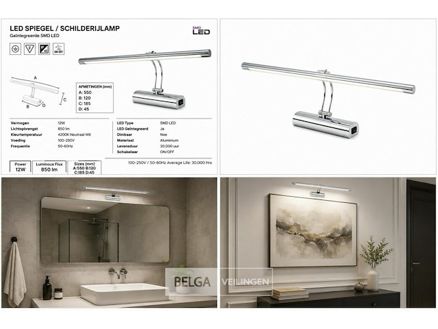 2 x led spiegel / schilderijlamp 12w – 4200k neutraal wit - chroom – ip45 – anka-12 - afbeelding 6 van  6