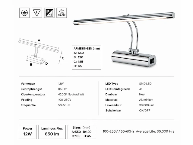 2 x led spiegel / schilderijlamp 12w – 4200k neutraal wit - chroom – ip45 – anka-12 - afbeelding 4 van  5