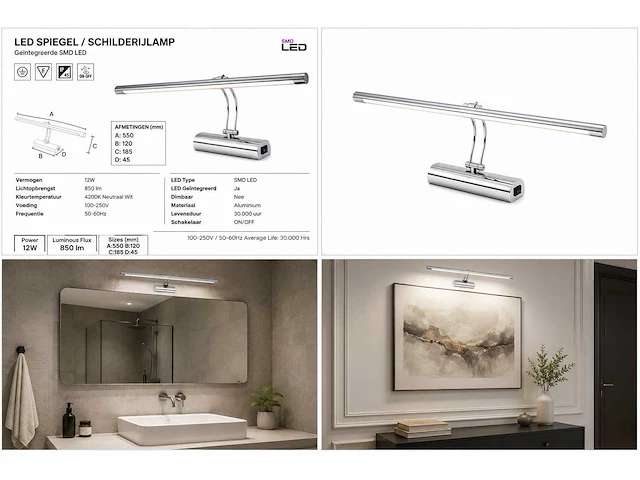2 x led spiegel / schilderijlamp 12w – 4200k neutraal wit - chroom – ip45 – anka-12 - afbeelding 5 van  5