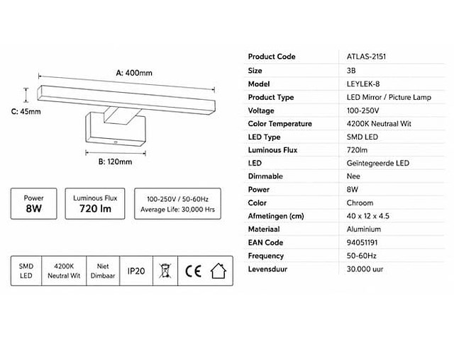 2 x led spiegel / schilderijlamp 12w – 4200k neutraal wit - chroom – ip45 – leylek-12 - afbeelding 4 van  5