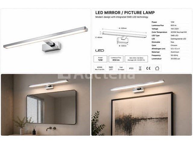 2 x led spiegel / schilderijlamp 12w – 4200k neutraal wit - chroom – ip45 – leylek-12 - afbeelding 5 van  5