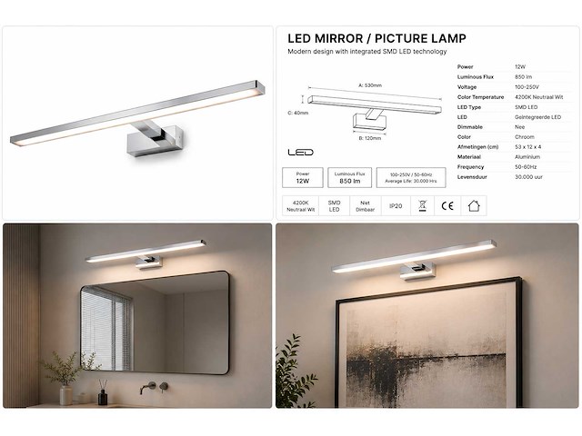 2 x led spiegel / schilderijlamp 12w – 4200k neutraal wit - chroom – ip45 – leylek-12 - afbeelding 5 van  5