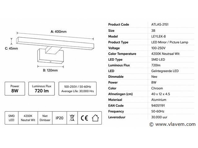 2 x led spiegel / schilderijlamp 12w – 4200k neutraal wit - chroom – ip45 – leylek-12 - afbeelding 4 van  5