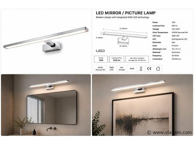 2 x led spiegel / schilderijlamp 12w – 4200k neutraal wit - chroom – ip45 – leylek-12 - afbeelding 5 van  5