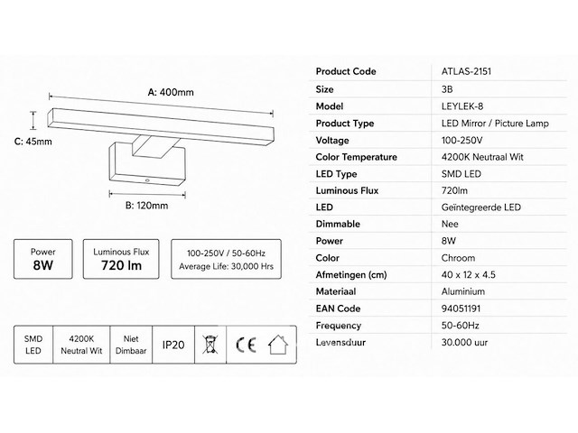 2 x led spiegel / schilderijlamp 12w – 4200k neutraal wit - chroom – ip45 – leylek-12 - afbeelding 5 van  6