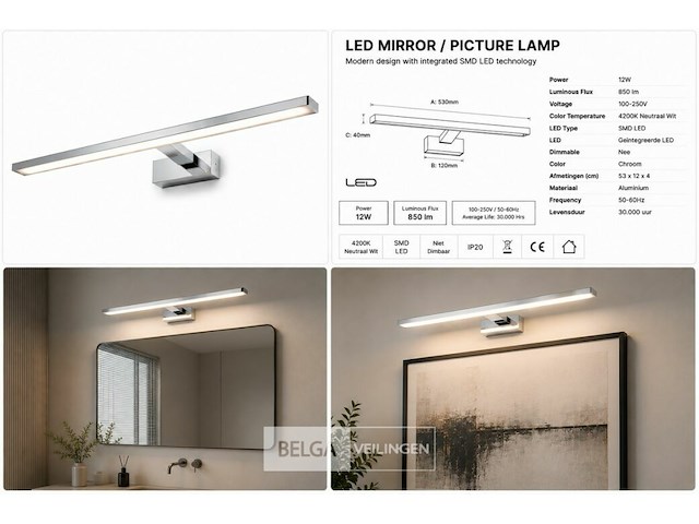2 x led spiegel / schilderijlamp 12w – 4200k neutraal wit - chroom – ip45 – leylek-12 - afbeelding 6 van  6