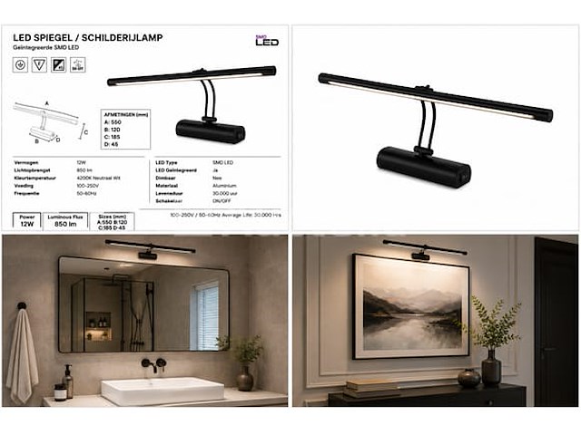 2 x led spiegel / schilderijlamp 12w – 4200k neutraal wit - zwart – ip45 – anka-12 - afbeelding 5 van  5
