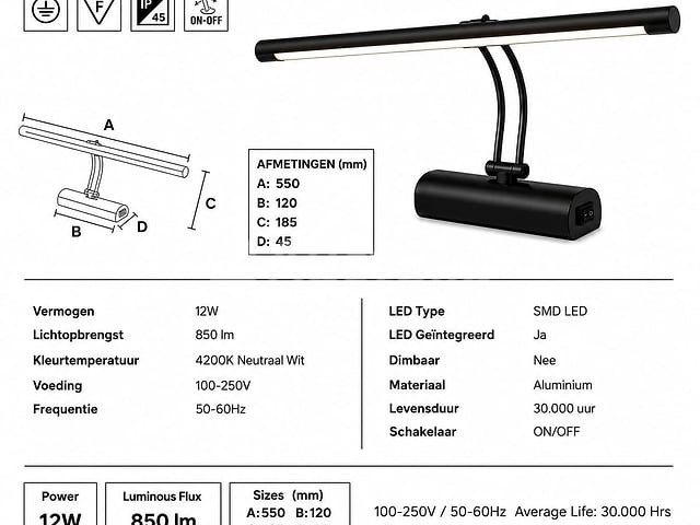 2 x led spiegel / schilderijlamp 12w – 4200k neutraal wit - zwart – ip45 – anka-12 - afbeelding 2 van  5