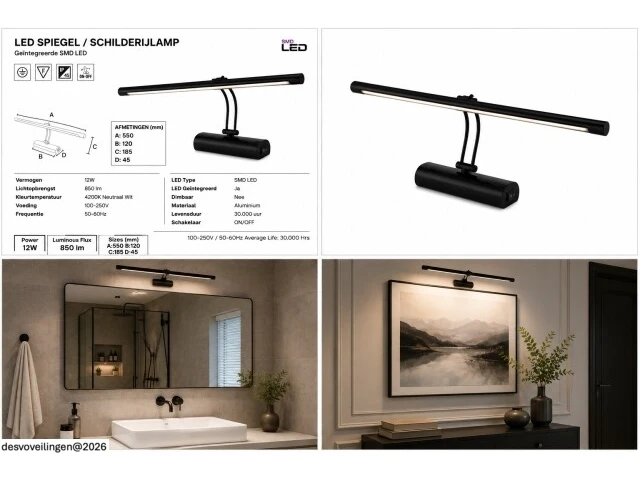 2 x led spiegel / schilderijlamp 12w – 4200k neutraal wit - zwart – ip45 – anka-12 - afbeelding 6 van  6