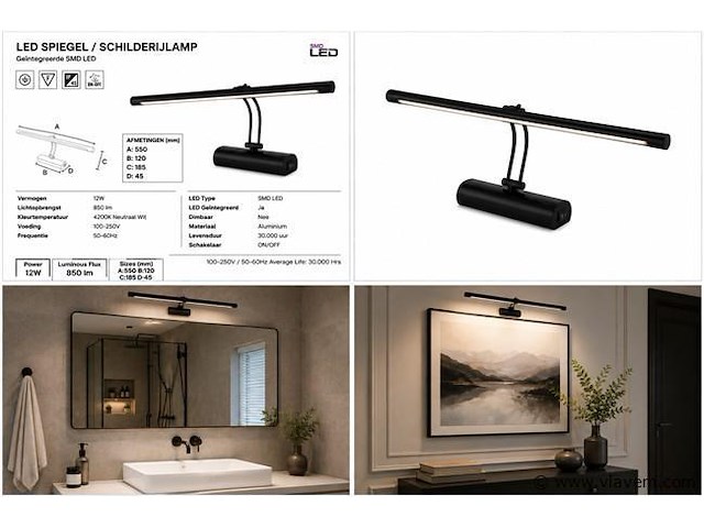 2 x led spiegel / schilderijlamp 12w – 4200k neutraal wit - zwart – ip45 – anka-12 - afbeelding 5 van  5