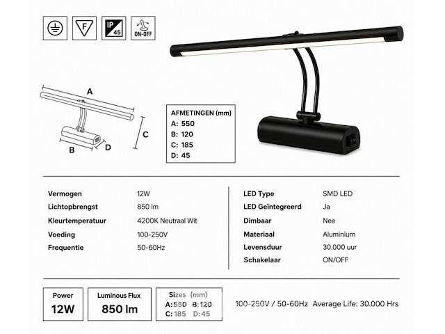 2 x led spiegel / schilderijlamp 12w – 4200k neutraal wit - zwart – ip45 – anka-12 - afbeelding 5 van  6