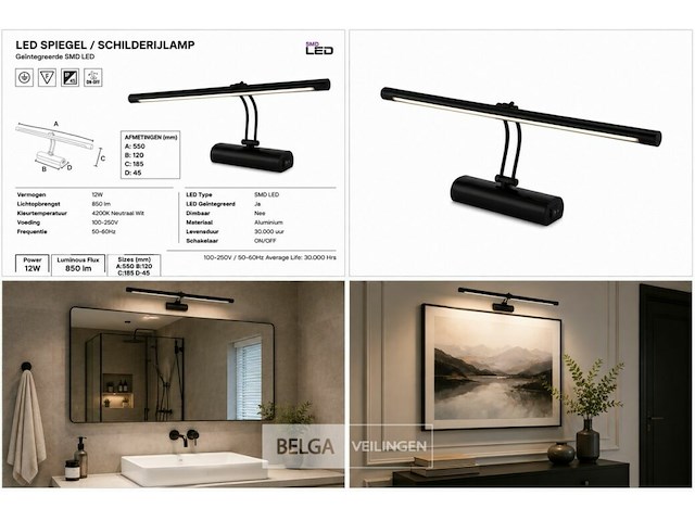 2 x led spiegel / schilderijlamp 12w – 4200k neutraal wit - zwart – ip45 – anka-12 - afbeelding 6 van  6