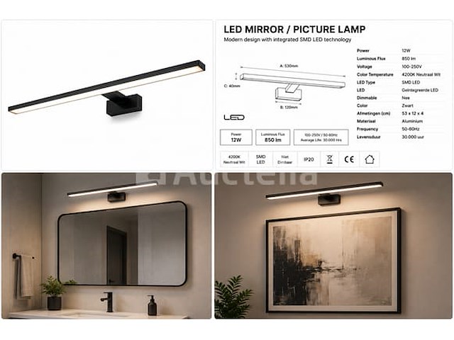 2 x led spiegel / schilderijlamp 12w – 4200k neutraal wit - zwart – ip45 – leylek-12 - afbeelding 3 van  5