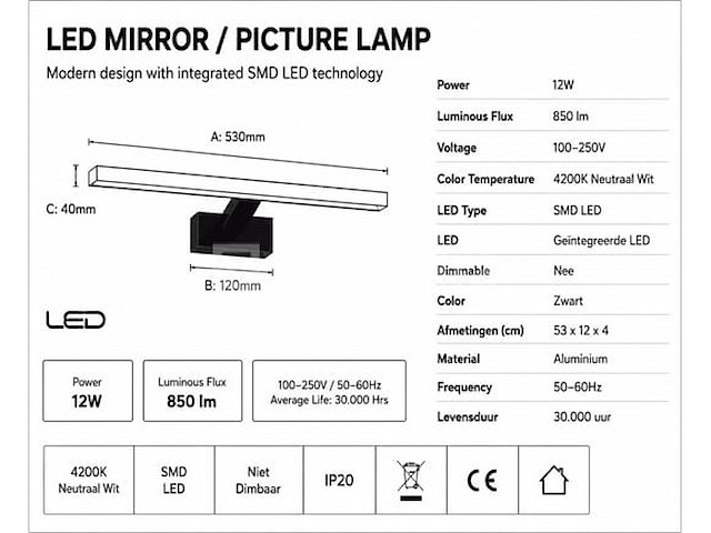 2 x led spiegel / schilderijlamp 12w – 4200k neutraal wit - zwart – ip45 – leylek-12 - afbeelding 4 van  5