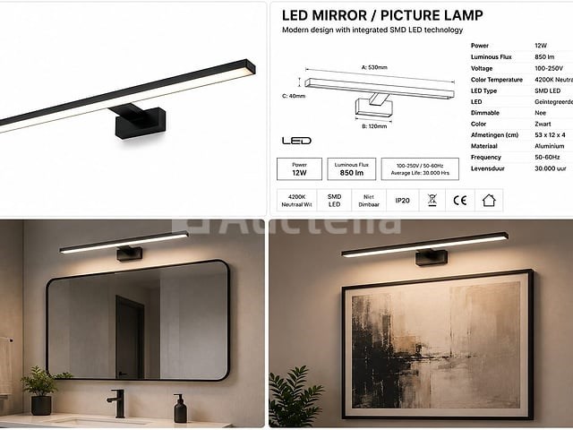 2 x led spiegel / schilderijlamp 12w – 4200k neutraal wit - zwart – ip45 – leylek-12 - afbeelding 5 van  5