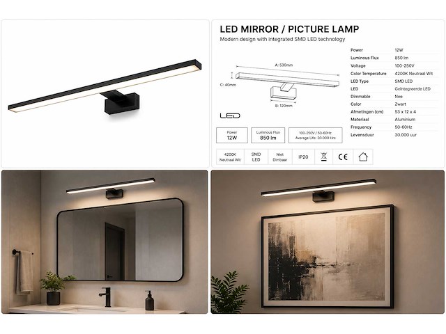 2 x led spiegel / schilderijlamp 12w – 4200k neutraal wit - zwart – ip45 – leylek-12 - afbeelding 5 van  5
