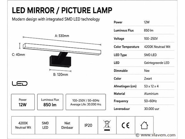 2 x led spiegel / schilderijlamp 12w – 4200k neutraal wit - zwart – ip45 – leylek-12 - afbeelding 4 van  5