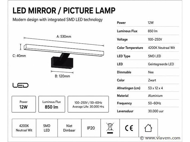 2 x led spiegel / schilderijlamp 12w – 4200k neutraal wit - zwart – ip45 – leylek-12 - afbeelding 4 van  5