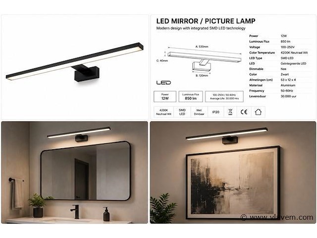 2 x led spiegel / schilderijlamp 12w – 4200k neutraal wit - zwart – ip45 – leylek-12 - afbeelding 5 van  5