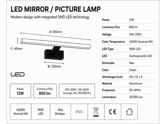 2 x led spiegel / schilderijlamp 12w – 4200k neutraal wit - zwart – ip45 – leylek-12 - afbeelding 5 van  6