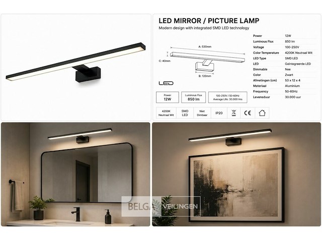 2 x led spiegel / schilderijlamp 12w – 4200k neutraal wit - zwart – ip45 – leylek-12 - afbeelding 6 van  6