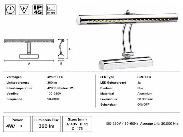 2 x led spiegel / schilderijlamp 4w – 4200k neutraal wit - chroom – ip45 – flamingo-4 - afbeelding 4 van  5