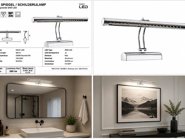 2 x led spiegel / schilderijlamp 4w – 4200k neutraal wit - chroom – ip45 – flamingo-4 - afbeelding 2 van  5