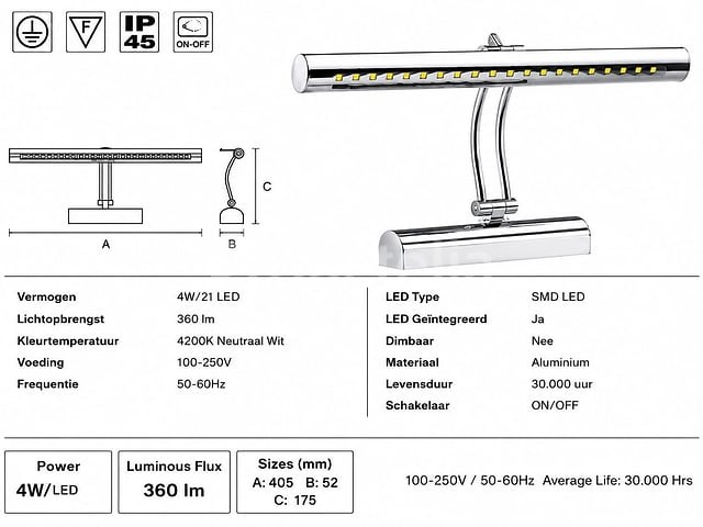 2 x led spiegel / schilderijlamp 4w – 4200k neutraal wit - chroom – ip45 – flamingo-4 - afbeelding 4 van  5
