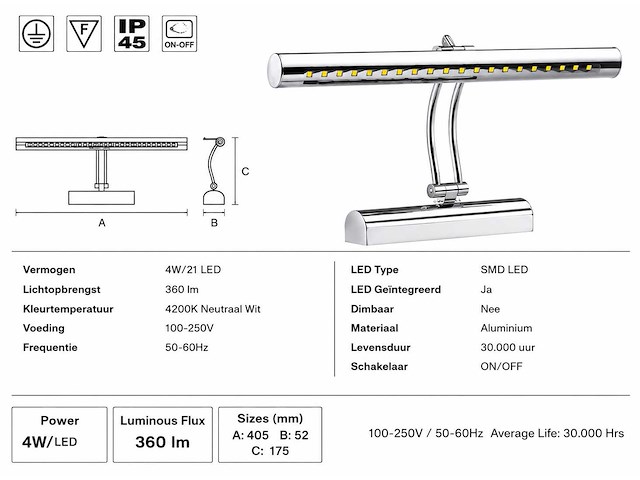 2 x led spiegel / schilderijlamp 4w – 4200k neutraal wit - chroom – ip45 – flamingo-4 - afbeelding 4 van  5
