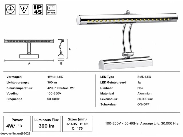 2 x led spiegel / schilderijlamp 4w – 4200k neutraal wit - chroom – ip45 – flamingo-4 - afbeelding 5 van  6