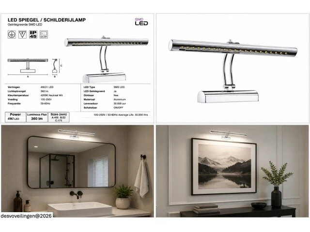 2 x led spiegel / schilderijlamp 4w – 4200k neutraal wit - chroom – ip45 – flamingo-4 - afbeelding 6 van  6