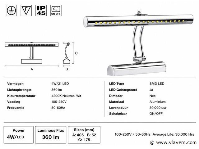 2 x led spiegel / schilderijlamp 4w – 4200k neutraal wit - chroom – ip45 – flamingo-4 - afbeelding 4 van  5
