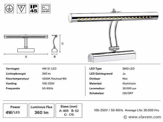 2 x led spiegel / schilderijlamp 4w – 4200k neutraal wit - chroom – ip45 – flamingo-4 - afbeelding 4 van  5