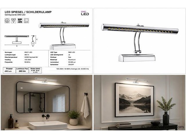 2 x led spiegel / schilderijlamp 4w – 4200k neutraal wit - chroom – ip45 – flamingo-4 - afbeelding 5 van  5