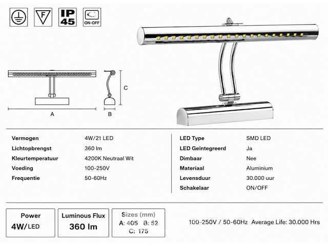 2 x led spiegel / schilderijlamp 4w – 4200k neutraal wit - chroom – ip45 – flamingo-4 - afbeelding 5 van  6