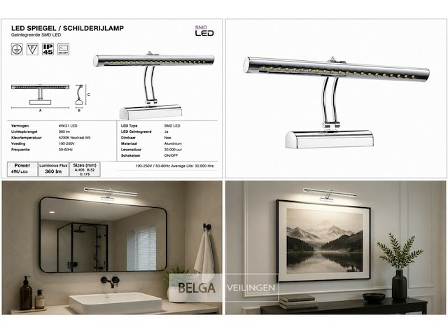 2 x led spiegel / schilderijlamp 4w – 4200k neutraal wit - chroom – ip45 – flamingo-4 - afbeelding 6 van  6