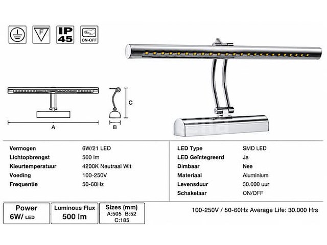 2 x led spiegel / schilderijlamp 6w – 4200k neutraal wit - chroom – ip45 – flamingo-6 - afbeelding 5 van  5