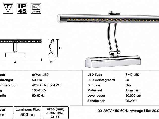 2 x led spiegel / schilderijlamp 6w – 4200k neutraal wit - chroom – ip45 – flamingo-6 - afbeelding 1 van  5