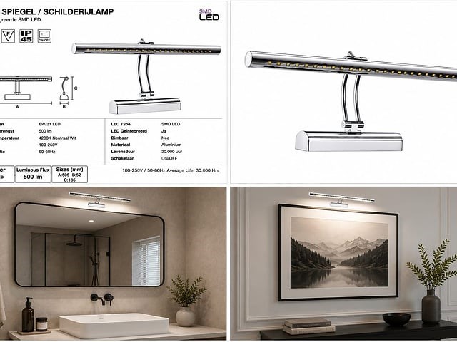 2 x led spiegel / schilderijlamp 6w – 4200k neutraal wit - chroom – ip45 – flamingo-6 - afbeelding 2 van  5