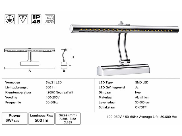 2 x led spiegel / schilderijlamp 6w – 4200k neutraal wit - chroom – ip45 – flamingo-6 - afbeelding 4 van  5