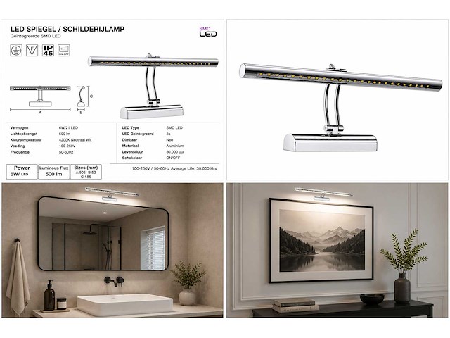 2 x led spiegel / schilderijlamp 6w – 4200k neutraal wit - chroom – ip45 – flamingo-6 - afbeelding 5 van  5