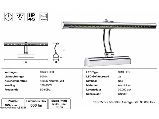 2 x led spiegel / schilderijlamp 6w – 4200k neutraal wit - chroom – ip45 – flamingo-6 - afbeelding 5 van  6