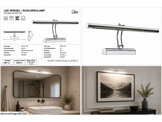 2 x led spiegel / schilderijlamp 6w – 4200k neutraal wit - chroom – ip45 – flamingo-6 - afbeelding 6 van  6