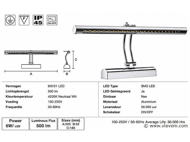 2 x led spiegel / schilderijlamp 6w – 4200k neutraal wit - chroom – ip45 – flamingo-6 - afbeelding 4 van  5