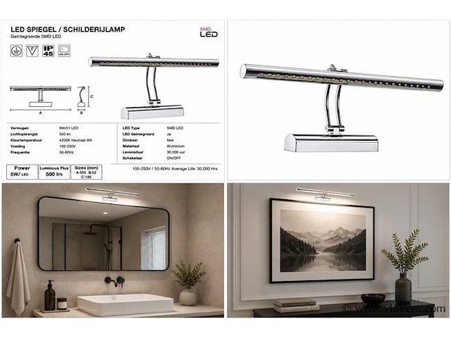 2 x led spiegel / schilderijlamp 6w – 4200k neutraal wit - chroom – ip45 – flamingo-6 - afbeelding 5 van  5