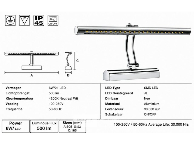2 x led spiegel / schilderijlamp 6w – 4200k neutraal wit - chroom – ip45 – flamingo-6 - afbeelding 5 van  6
