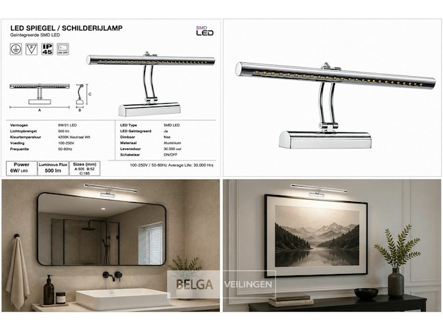 2 x led spiegel / schilderijlamp 6w – 4200k neutraal wit - chroom – ip45 – flamingo-6 - afbeelding 6 van  6