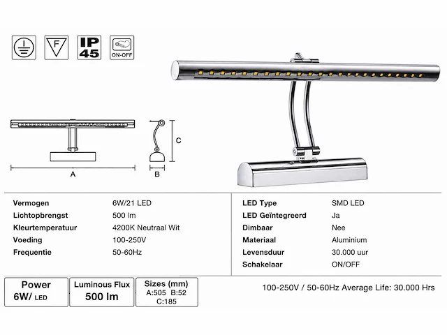 2 x led spiegel / schilderijlamp 6w – 4200k neutraal wit - chroom – ip45 – flamingo-6 - afbeelding 4 van  5