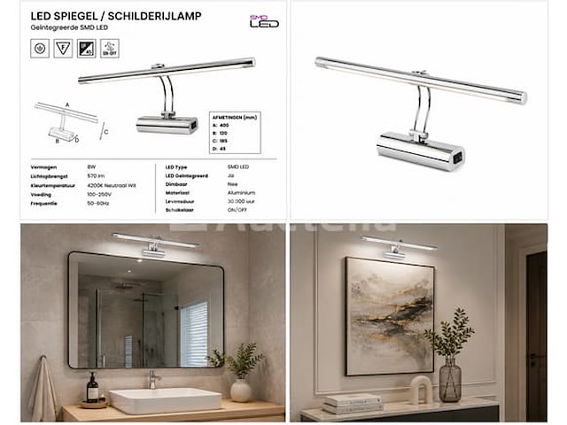 2 x led spiegel / schilderijlamp 8w – 4200k neutraal wit - chroom – ip45 – anka-8 - afbeelding 3 van  5