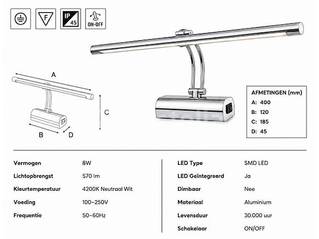 2 x led spiegel / schilderijlamp 8w – 4200k neutraal wit - chroom – ip45 – anka-8 - afbeelding 5 van  5